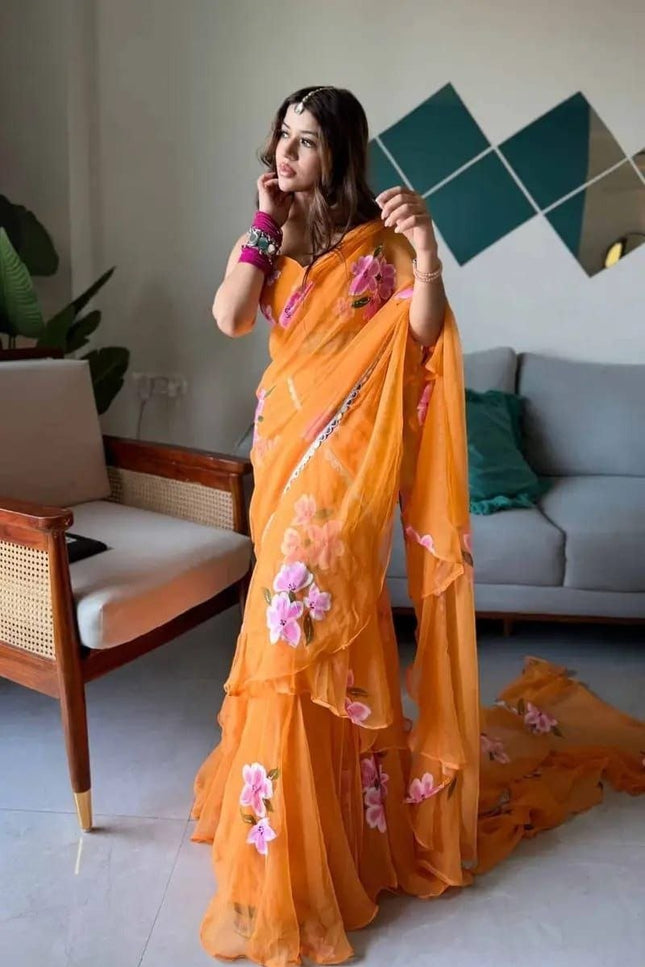 Ready to Wear Georgette Print Lehenga Saree with Ruffle Dupatta and Unstitched Blouse - Rosepetals Luxe