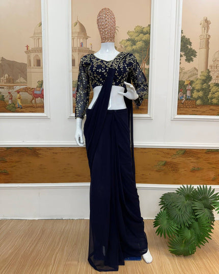 Ready-to-Wear Georgette Saree with Zari & Semi-Bead Work - Rosepetals Luxe