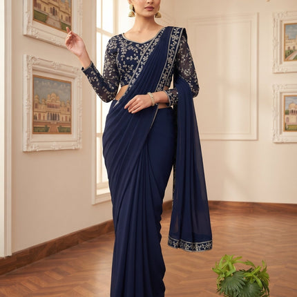 Ready-to-Wear Georgette Saree with Zari & Semi-Bead Work - Rosepetals Luxe