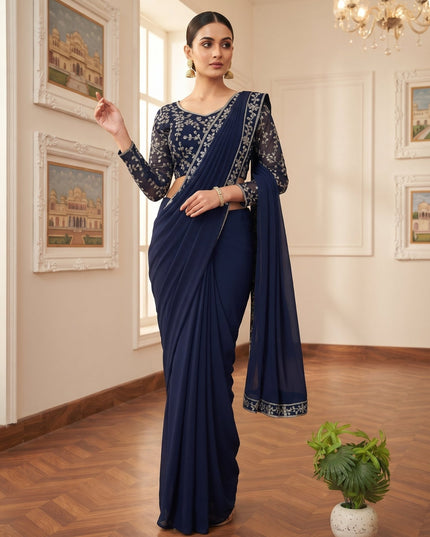 Ready-to-Wear Georgette Saree with Zari & Semi-Bead Work - Rosepetals Luxe