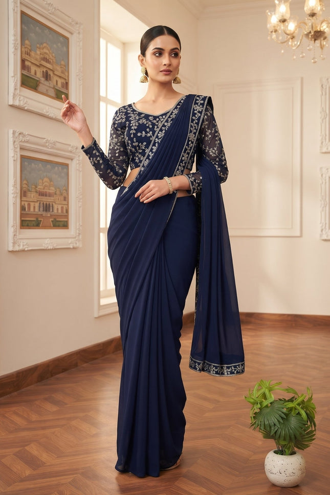 Ready-to-Wear Georgette Saree with Zari & Semi-Bead Work - Rosepetals Luxe