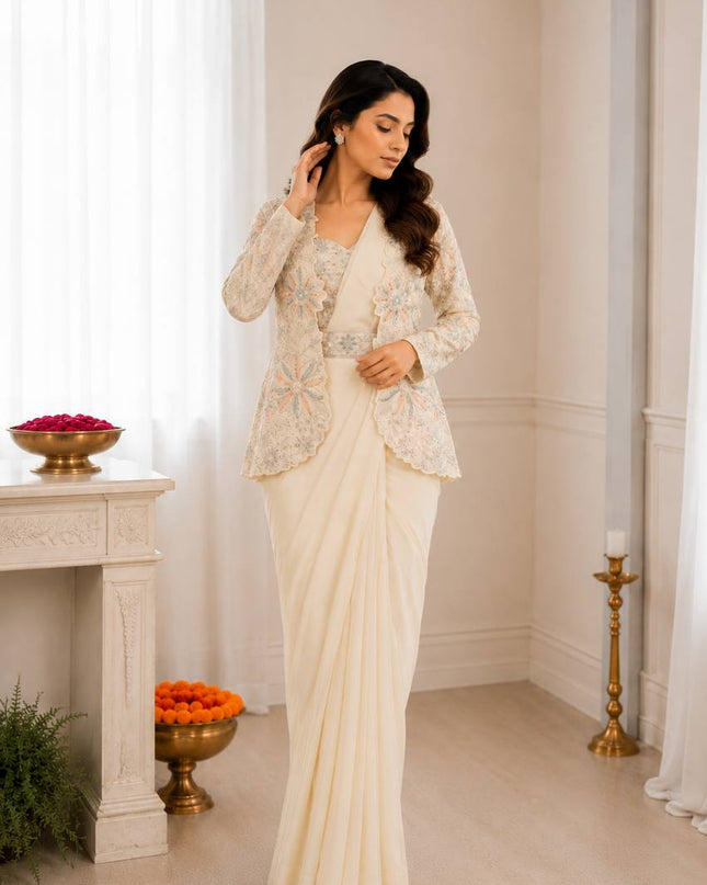 Ready - to - Wear Heavy Crepe Silk Saree | Embroidered Jacket, Blouse & Belt - Rosepetals Luxe