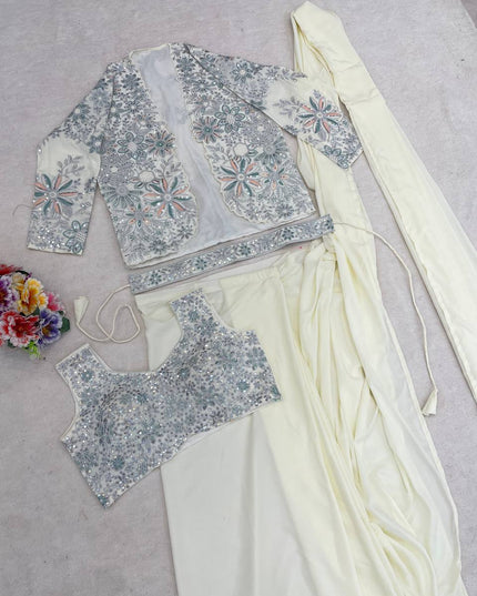 Ready - to - Wear Heavy Crepe Silk Saree | Embroidered Jacket, Blouse & Belt - Rosepetals Luxe
