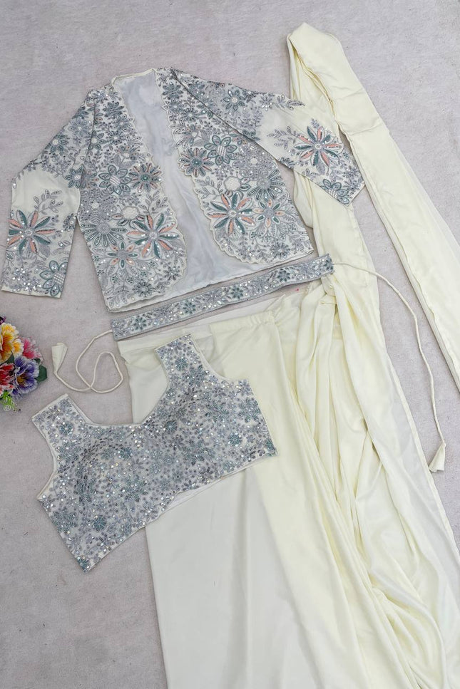 Ready - to - Wear Heavy Crepe Silk Saree | Embroidered Jacket, Blouse & Belt - Rosepetals Luxe