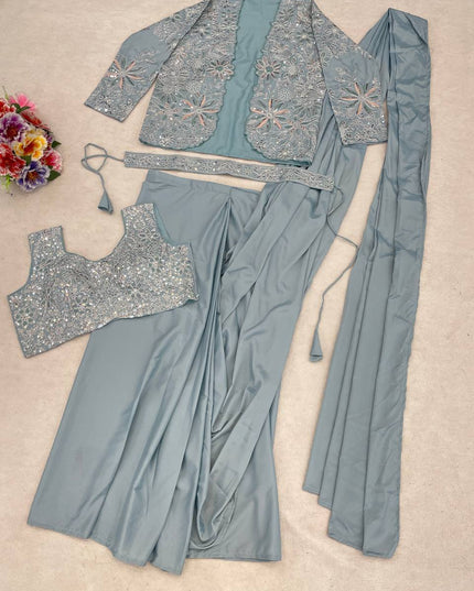 Ready - to - Wear Heavy Crepe Silk Saree | Embroidered Jacket, Blouse & Belt - Rosepetals Luxe