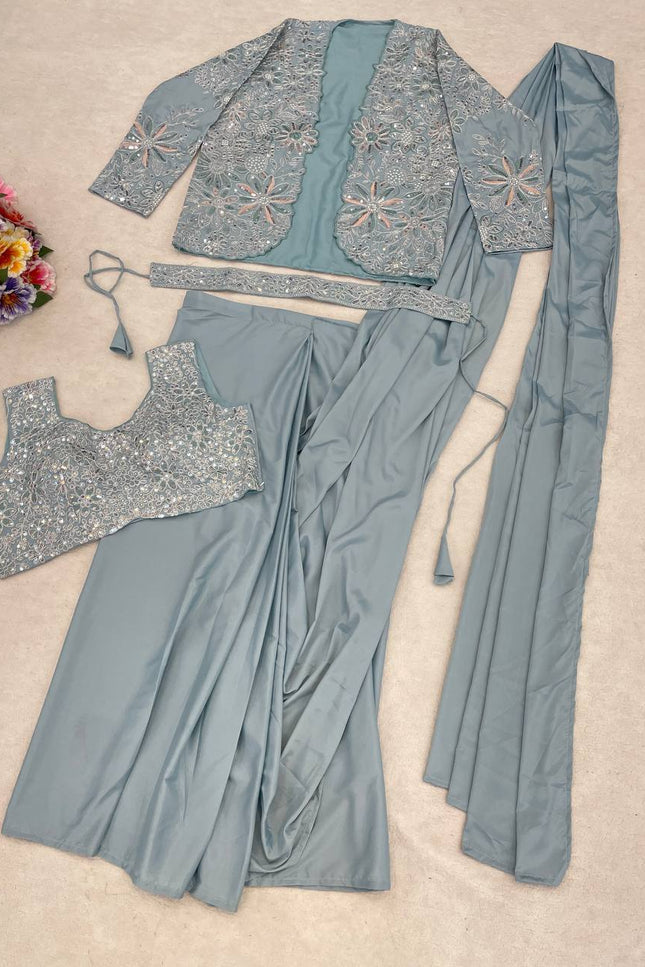 Ready - to - Wear Heavy Crepe Silk Saree | Embroidered Jacket, Blouse & Belt - Rosepetals Luxe