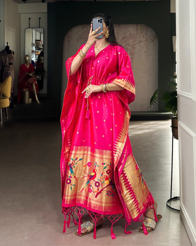 Ready - to - Wear Jacquard Paithani Kaftan with Elegant Zari Weaving | Perfect Ethnic Wear - Rosepetals Luxe