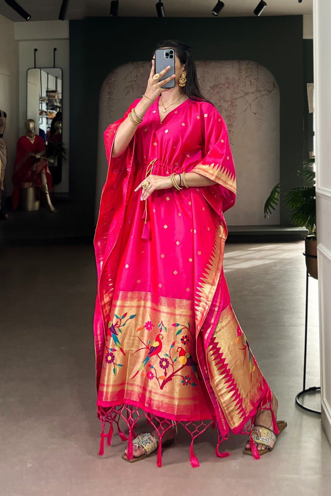Ready - to - Wear Jacquard Paithani Kaftan with Elegant Zari Weaving | Perfect Ethnic Wear - Rosepetals Luxe