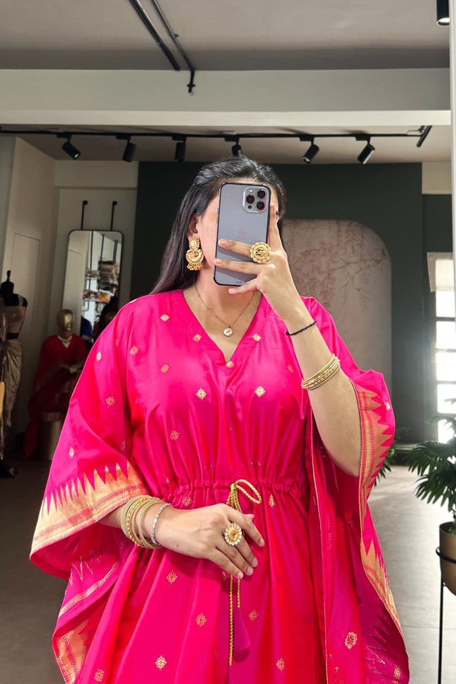 Ready - to - Wear Jacquard Paithani Kaftan with Elegant Zari Weaving | Perfect Ethnic Wear - Rosepetals Luxe
