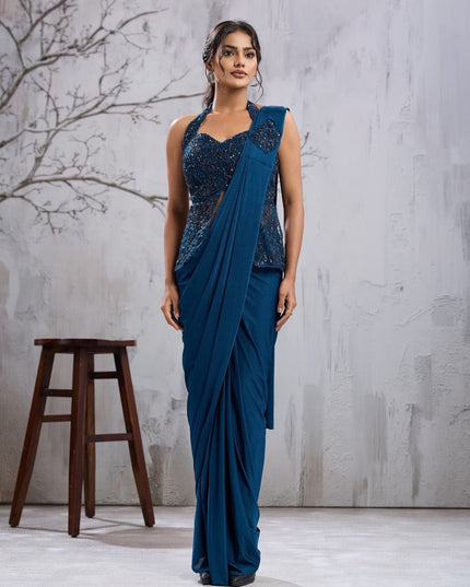 Ready-to-Wear Lycra Saree with Beadwork - Rosepetals Luxe