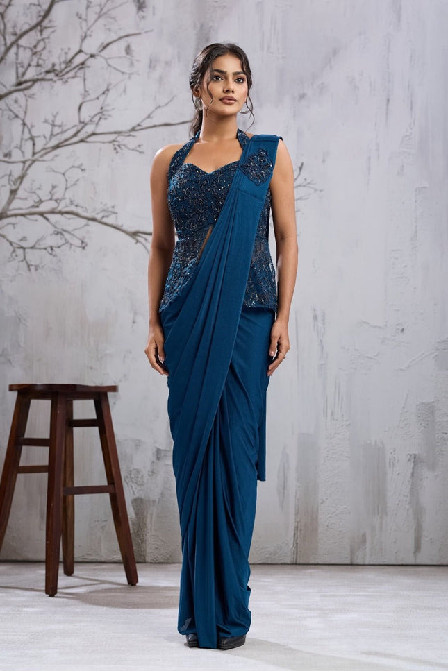 Ready-to-Wear Lycra Saree with Beadwork - Rosepetals Luxe
