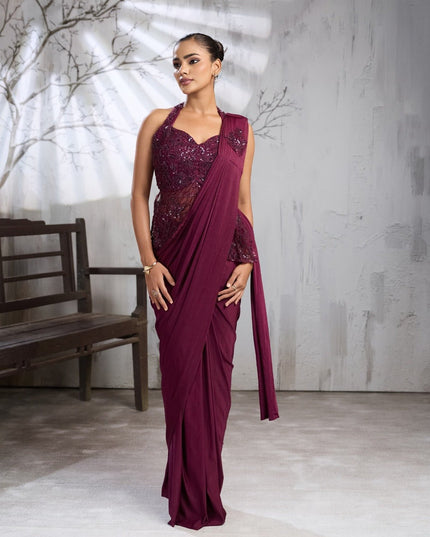 Ready-to-Wear Lycra Saree with Beadwork - Rosepetals Luxe