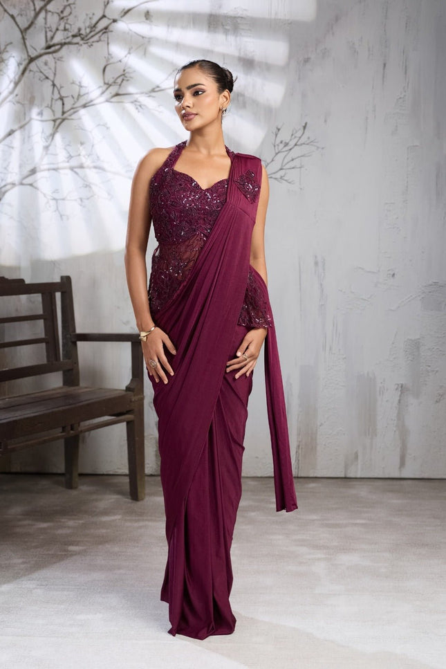 Ready-to-Wear Lycra Saree with Beadwork - Rosepetals Luxe