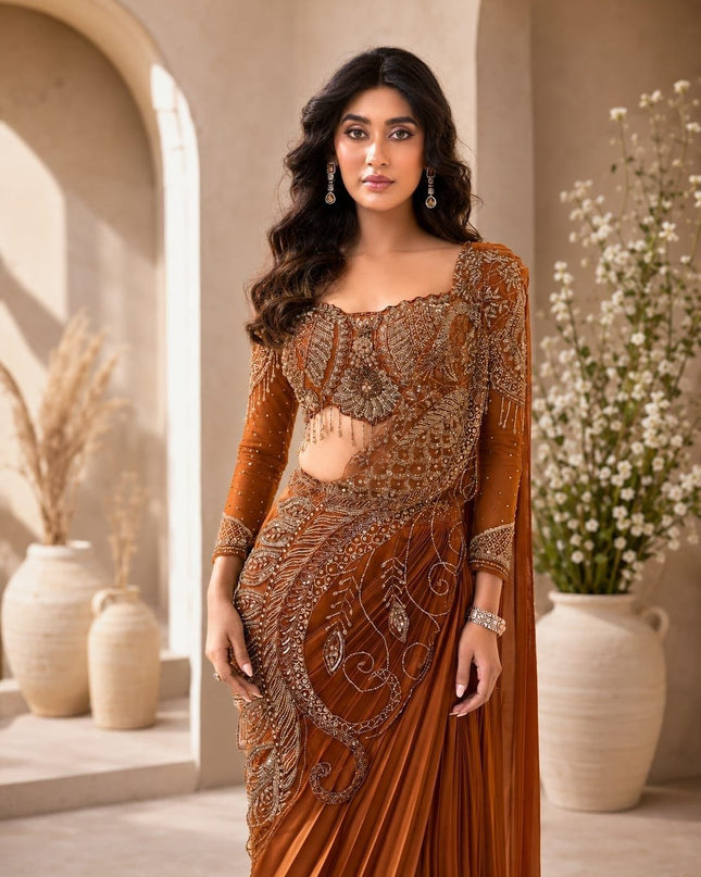 Ready to Wear Rangoli Silk Drape Orange Saree with Embroidered Blouse - Rosepetals Luxe