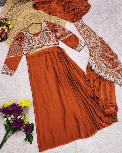Ready to Wear Rangoli Silk Drape Orange Saree with Embroidered Blouse - Rosepetals Luxe