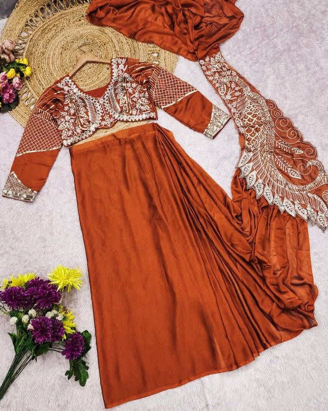 Ready to Wear Rangoli Silk Drape Orange Saree with Embroidered Blouse - Rosepetals Luxe