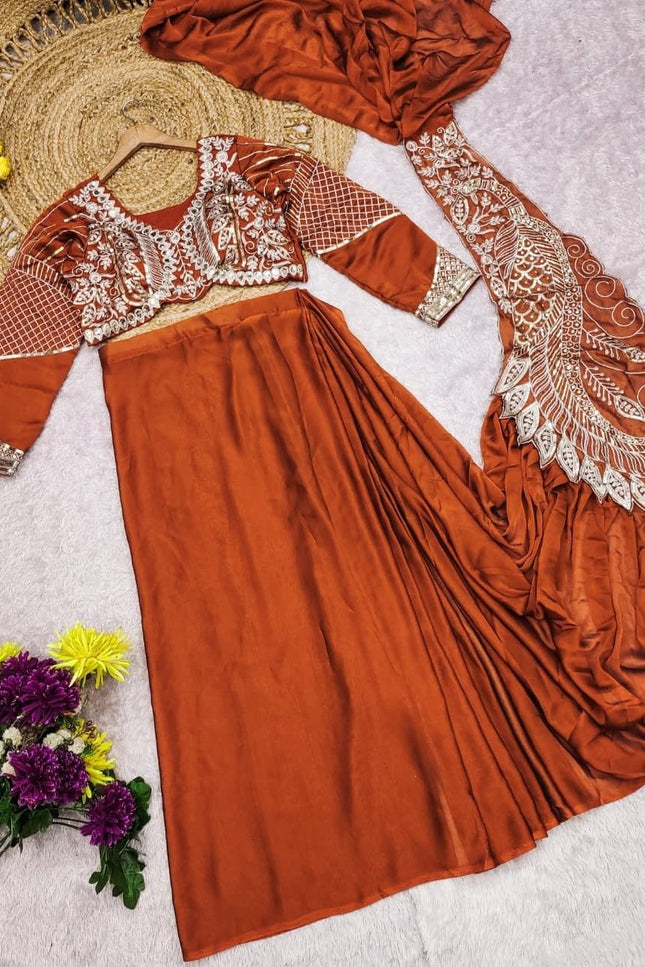 Ready to Wear Rangoli Silk Drape Orange Saree with Embroidered Blouse - Rosepetals Luxe