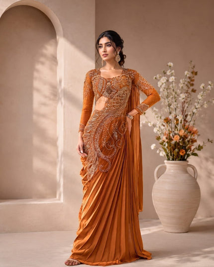 Ready to Wear Rangoli Silk Drape Orange Saree with Embroidered Blouse - Rosepetals Luxe