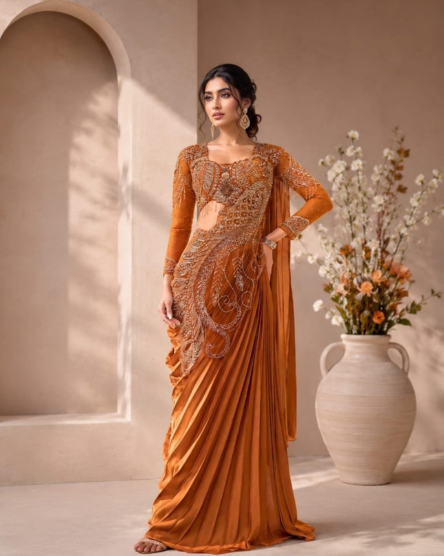 Ready to Wear Rangoli Silk Drape Orange Saree with Embroidered Blouse - Rosepetals Luxe