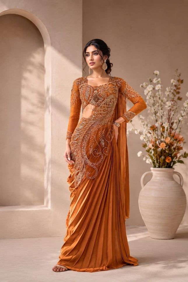 Ready to Wear Rangoli Silk Drape Orange Saree with Embroidered Blouse - Rosepetals Luxe