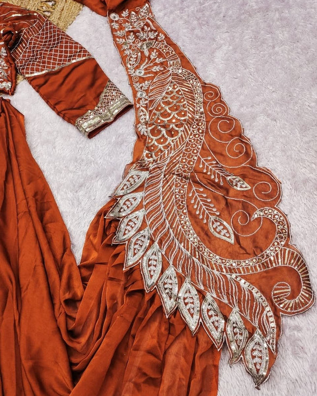 Ready to Wear Rangoli Silk Drape Orange Saree with Embroidered Blouse - Rosepetals Luxe
