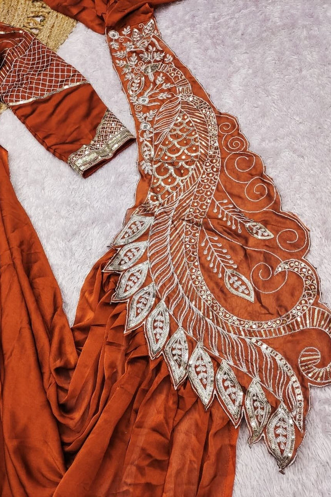 Ready to Wear Rangoli Silk Drape Orange Saree with Embroidered Blouse - Rosepetals Luxe