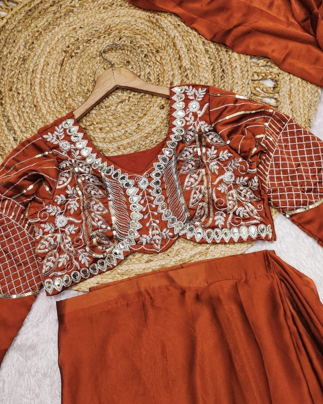 Ready to Wear Rangoli Silk Drape Orange Saree with Embroidered Blouse - Rosepetals Luxe