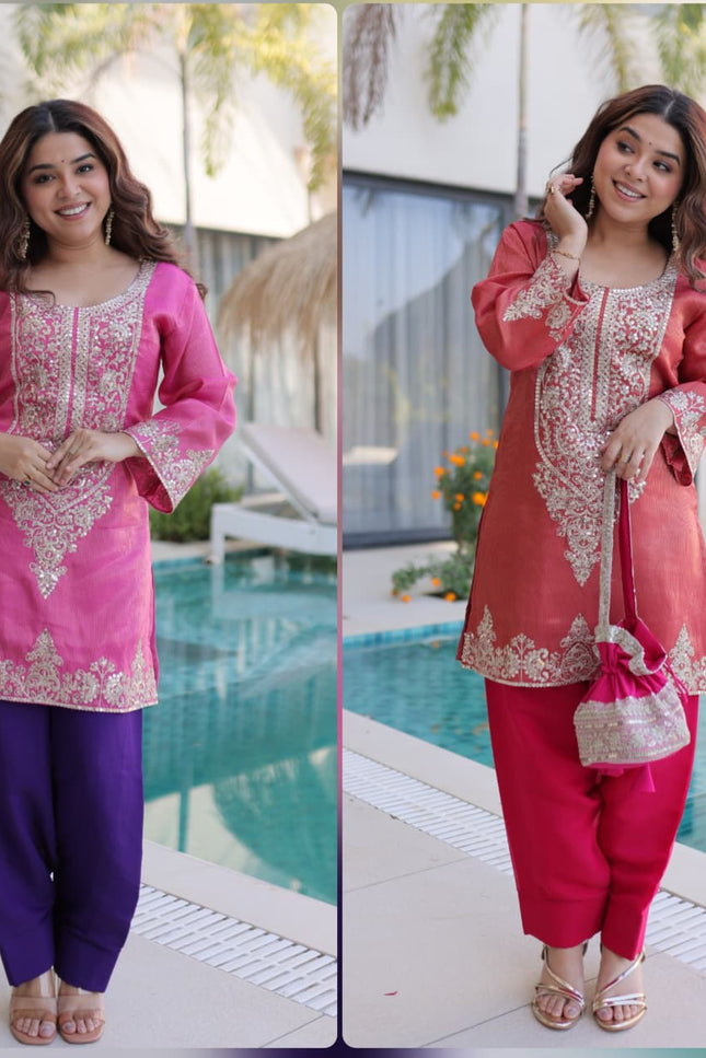 Readymade Viscose Sequin Embroidered Top - Pant with Batwa - Rosepetals Luxe