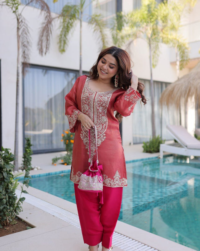 Readymade Viscose Sequin Embroidered Top - Pant with Batwa - Rosepetals Luxe