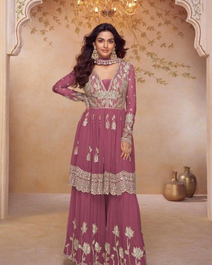 Real Chinon F&B Embroidery Work Palazzo Set - Rosepetals Luxe