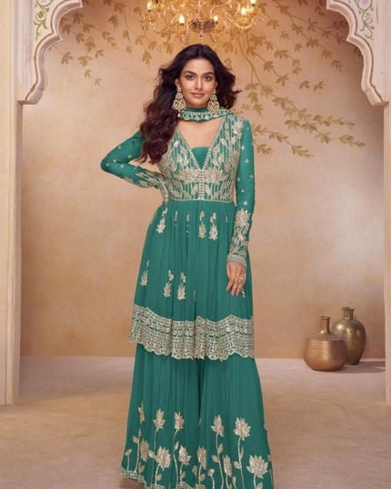 Real Chinon F&B Embroidery Work Palazzo Set - Rosepetals Luxe