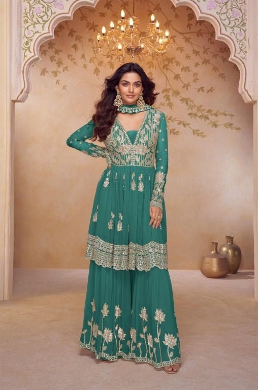 Real Chinon F&B Embroidery Work Palazzo Set - Rosepetals Luxe