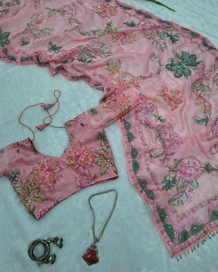 Real Mirror Work Pink Saree | Premium Tabby Silk, Sequins & Multicolour Latkan Lace Pallu | Rosepetals Luxe - Rosepetals Luxe