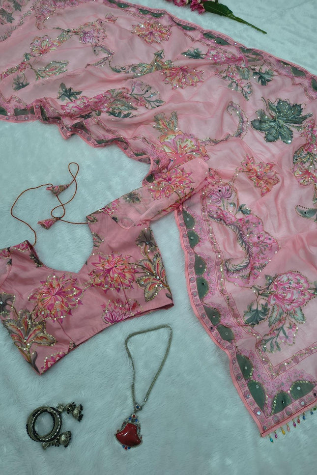 Real Mirror Work Pink Saree | Premium Tabby Silk, Sequins & Multicolour Latkan Lace Pallu | Rosepetals Luxe - Rosepetals Luxe
