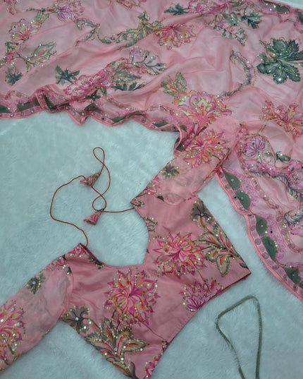 Real Mirror Work Pink Saree | Premium Tabby Silk, Sequins & Multicolour Latkan Lace Pallu | Rosepetals Luxe - Rosepetals Luxe