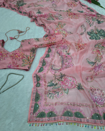 Real Mirror Work Pink Saree | Premium Tabby Silk, Sequins & Multicolour Latkan Lace Pallu | Rosepetals Luxe - Rosepetals Luxe