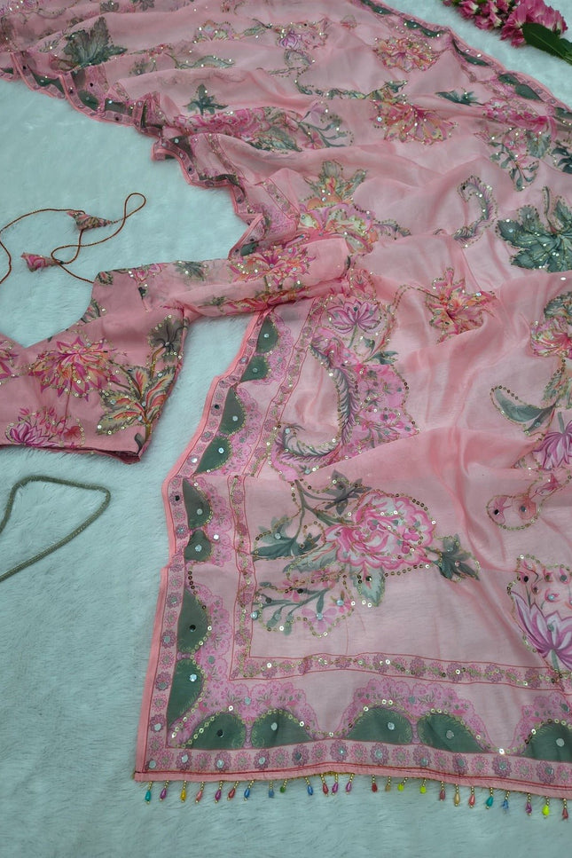 Real Mirror Work Pink Saree | Premium Tabby Silk, Sequins & Multicolour Latkan Lace Pallu | Rosepetals Luxe - Rosepetals Luxe