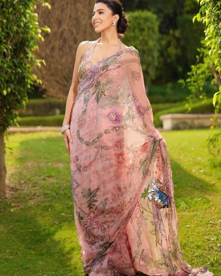 Real Mirror Work Pink Saree | Premium Tabby Silk, Sequins & Multicolour Latkan Lace Pallu | Rosepetals Luxe - Rosepetals Luxe