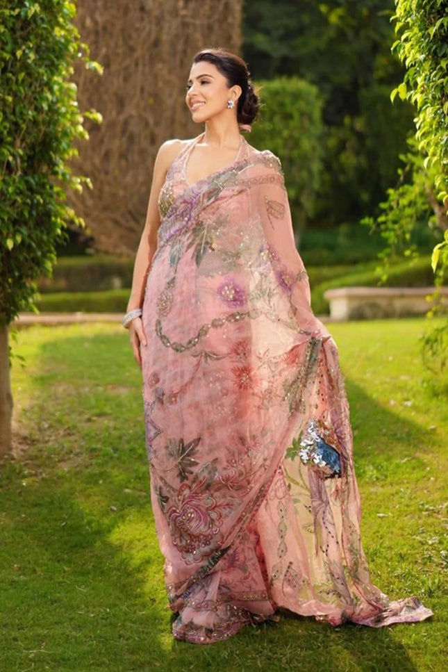 Real Mirror Work Pink Saree | Premium Tabby Silk, Sequins & Multicolour Latkan Lace Pallu | Rosepetals Luxe - Rosepetals Luxe