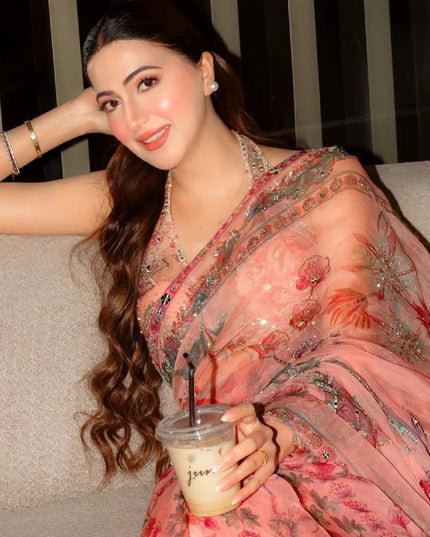 Real Mirror Work Pink Saree | Premium Tabby Silk, Sequins & Multicolour Latkan Lace Pallu | Rosepetals Luxe - Rosepetals Luxe