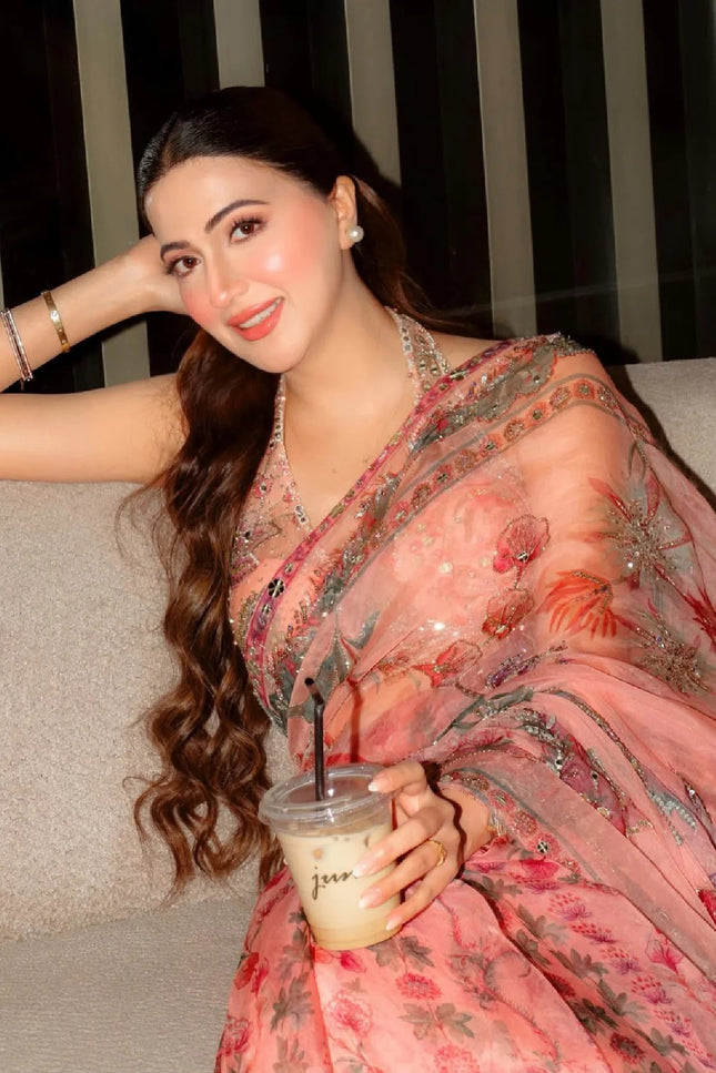Real Mirror Work Pink Saree | Premium Tabby Silk, Sequins & Multicolour Latkan Lace Pallu | Rosepetals Luxe - Rosepetals Luxe