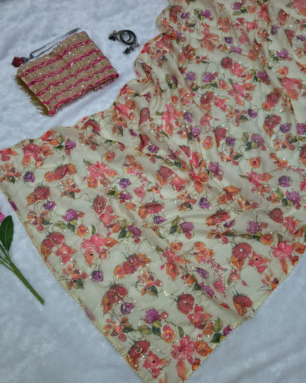 Real Mirror Work Saree | Premium Tabby Silk with Sequins & Pearl Lace - Rosepetals Luxe