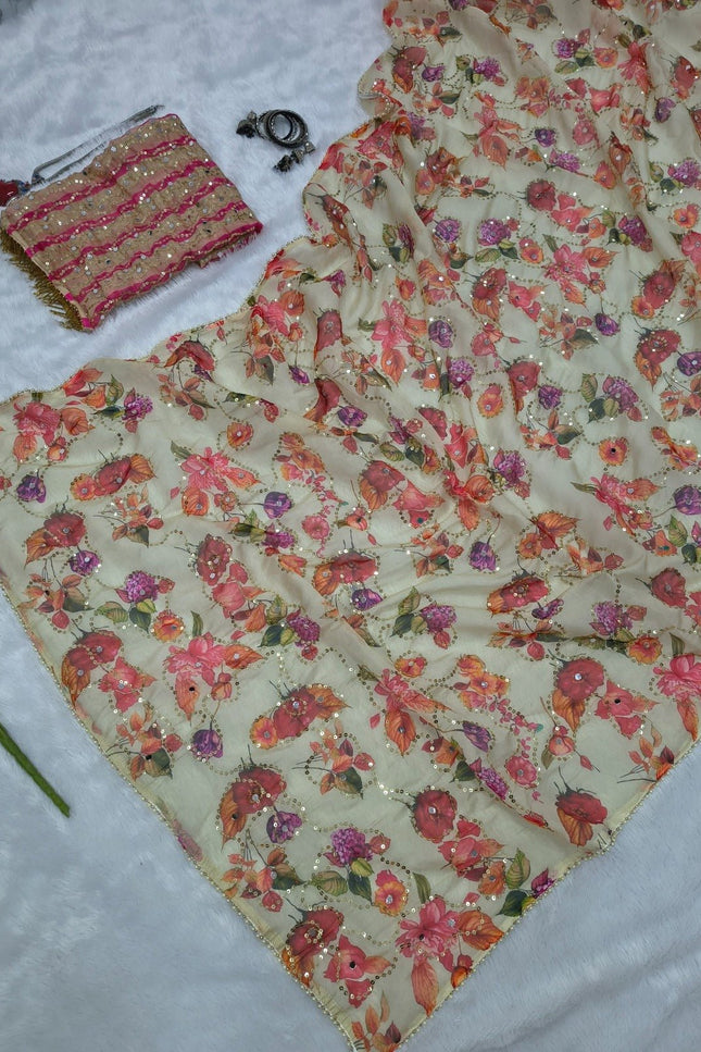 Real Mirror Work Saree | Premium Tabby Silk with Sequins & Pearl Lace - Rosepetals Luxe