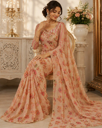 Real Mirror Work Saree | Premium Tabby Silk with Sequins & Pearl Lace - Rosepetals Luxe