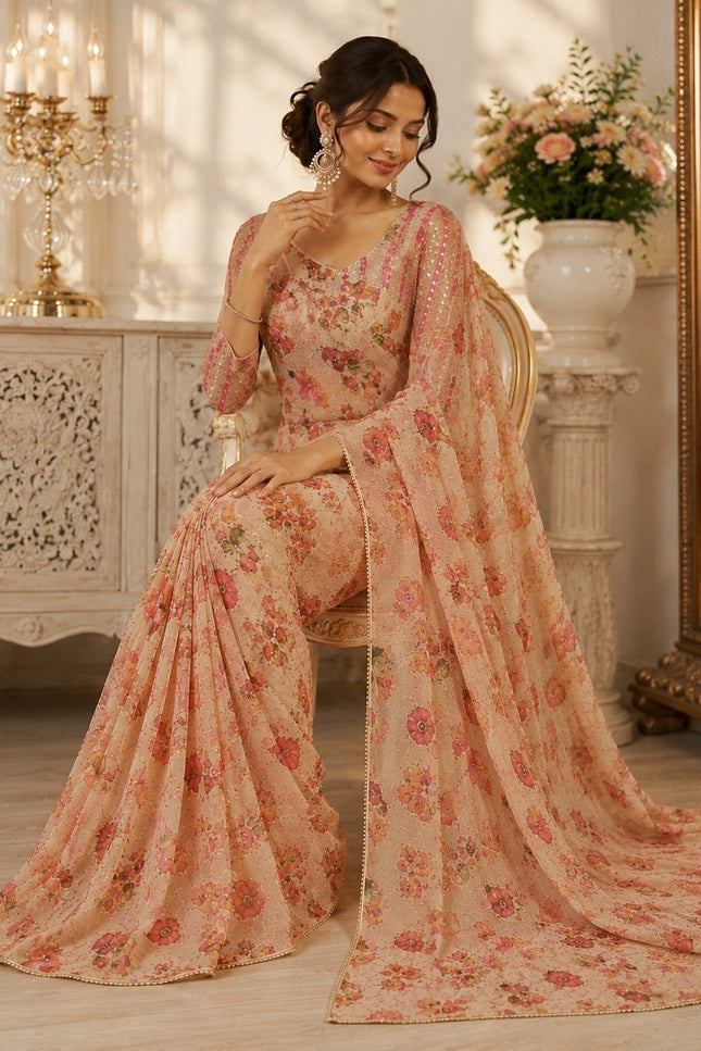 Real Mirror Work Saree | Premium Tabby Silk with Sequins & Pearl Lace - Rosepetals Luxe