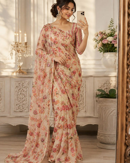 Real Mirror Work Saree | Premium Tabby Silk with Sequins & Pearl Lace - Rosepetals Luxe