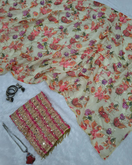 Real Mirror Work Saree | Premium Tabby Silk with Sequins & Pearl Lace - Rosepetals Luxe