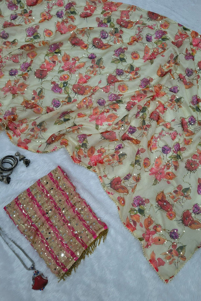 Real Mirror Work Saree | Premium Tabby Silk with Sequins & Pearl Lace - Rosepetals Luxe