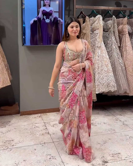 Real Mirror Work Saree | Premium Tabby Silk with Sequins & Pearl Lace - Rosepetals Luxe