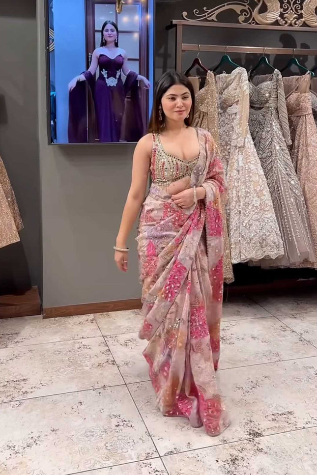 Real Mirror Work Saree | Premium Tabby Silk with Sequins & Pearl Lace - Rosepetals Luxe
